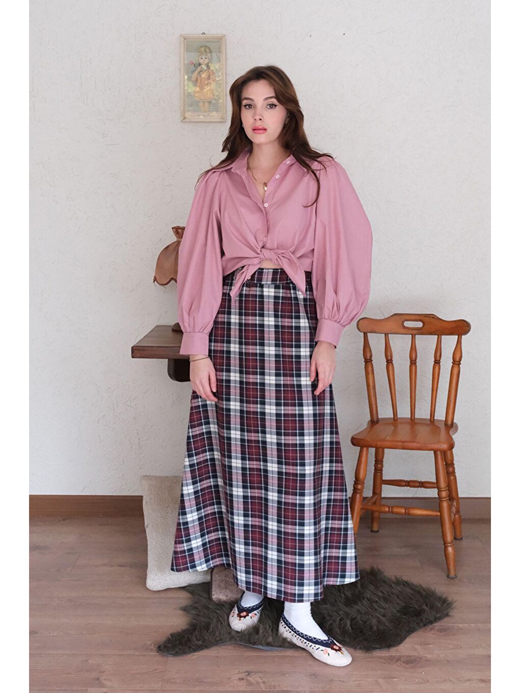 Pembe Gül Kurusu Klasik Yaka Crop Gömlek-2