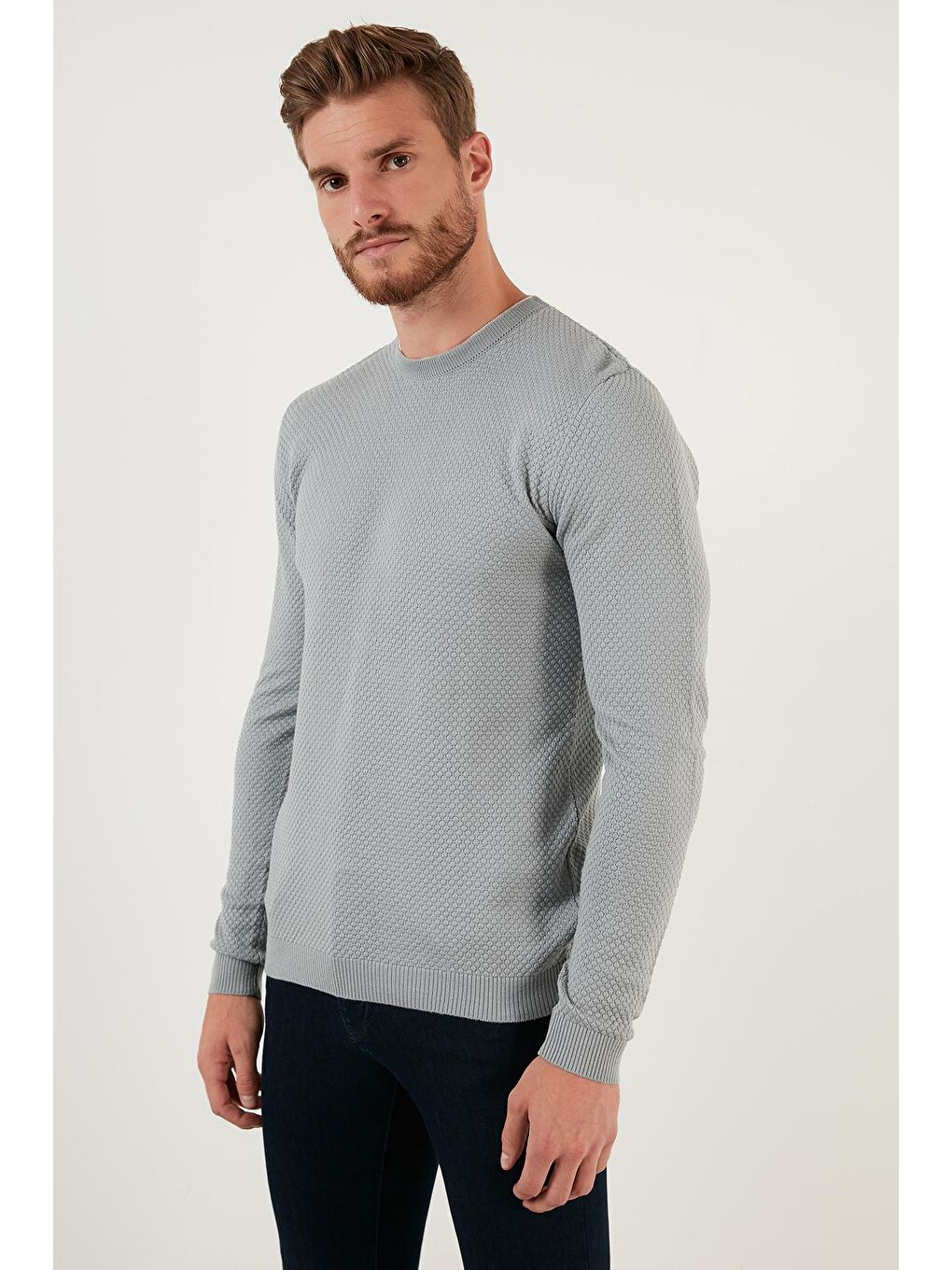 Gri Pamuklu Slim Fit Bisiklet Yaka Kazak 6353401-2