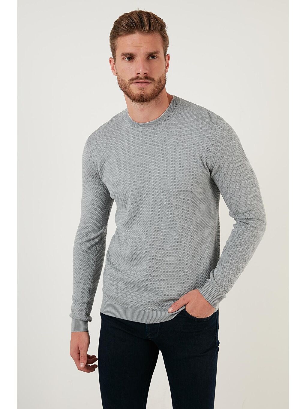 Gri Pamuklu Slim Fit Bisiklet Yaka Kazak 6353401-3