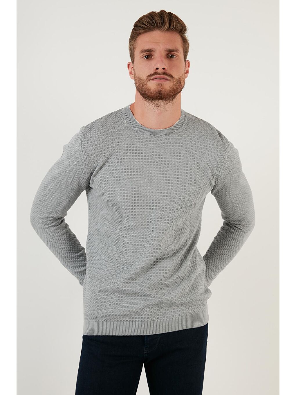 Gri Pamuklu Slim Fit Bisiklet Yaka Kazak 6353401-4