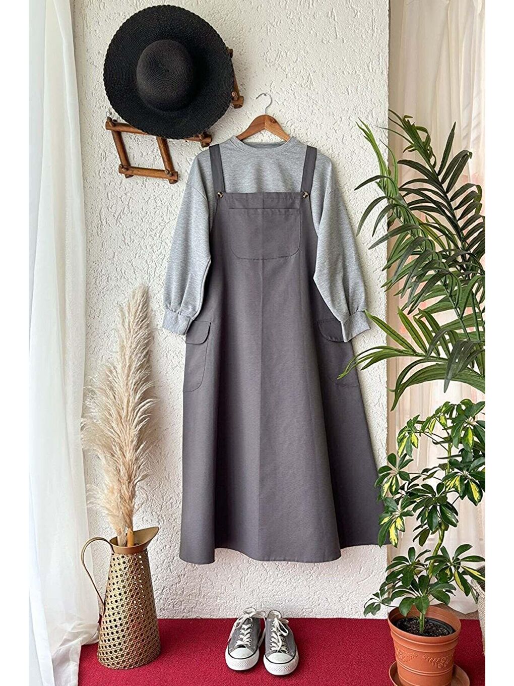 Gri Keten Etekli Salopet & Ahsen Crop