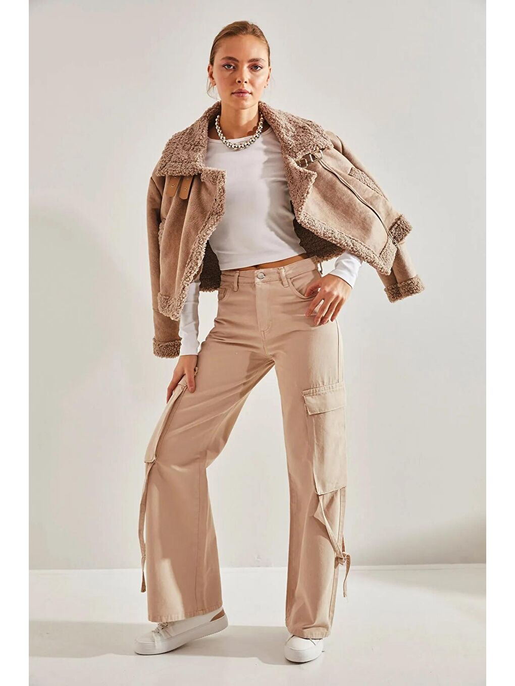 Bej Kadın Kargo Cepli İpli Pantolon-1