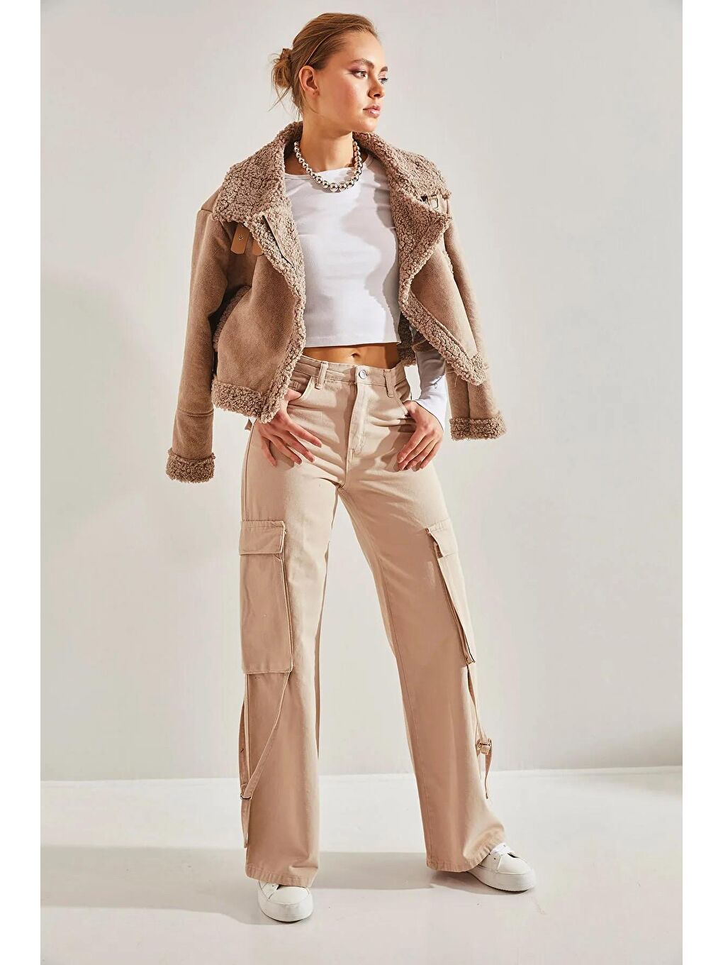Bej Kadın Kargo Cepli İpli Pantolon-2