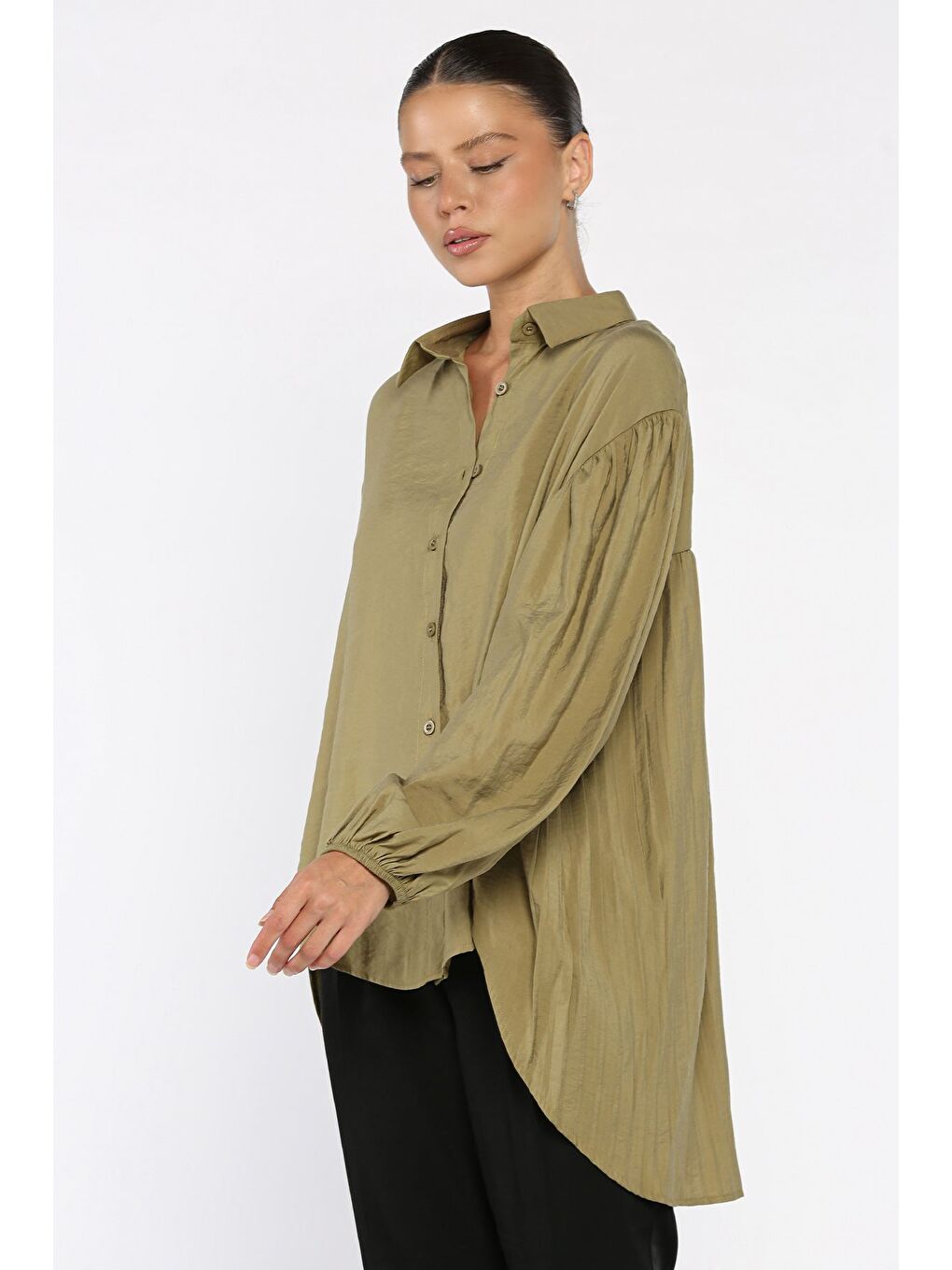 Haki Pile Detaylı Kadın Salaş Gömlek-1