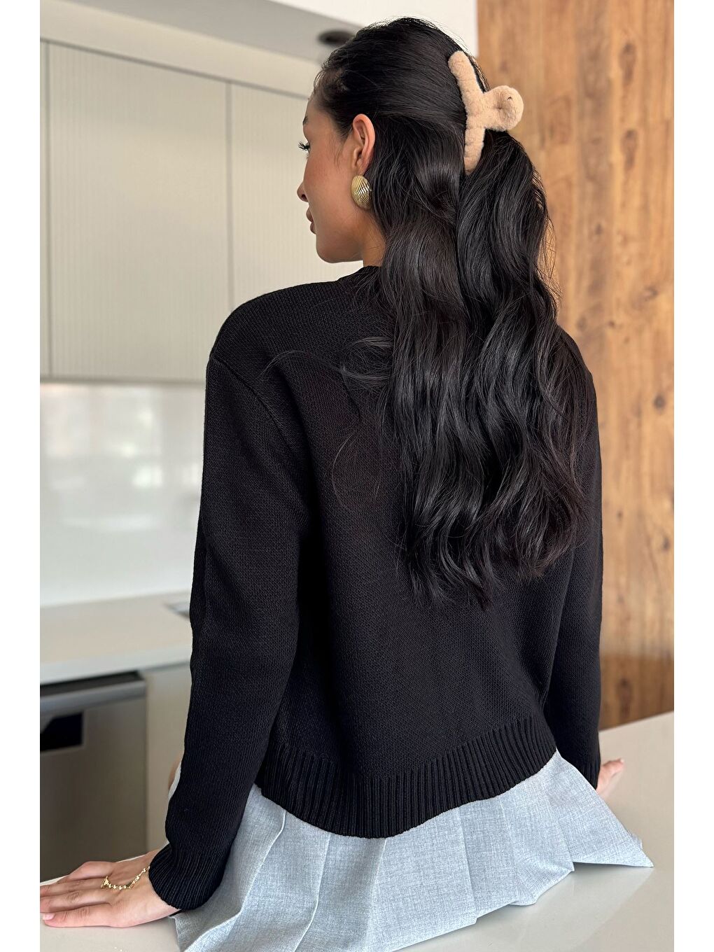 Siyah Kadın Taşlı Kalp Figürlü Düğmeli Triko Hırka-3