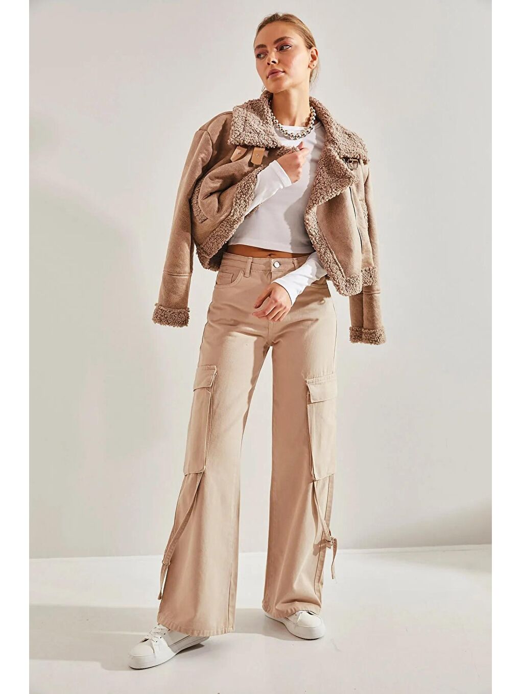 Bej Kadın Kargo Cepli İpli Pantolon-3