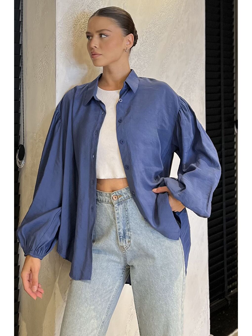 İndigo Pile Detaylı Kadın Salaş Gömlek-1