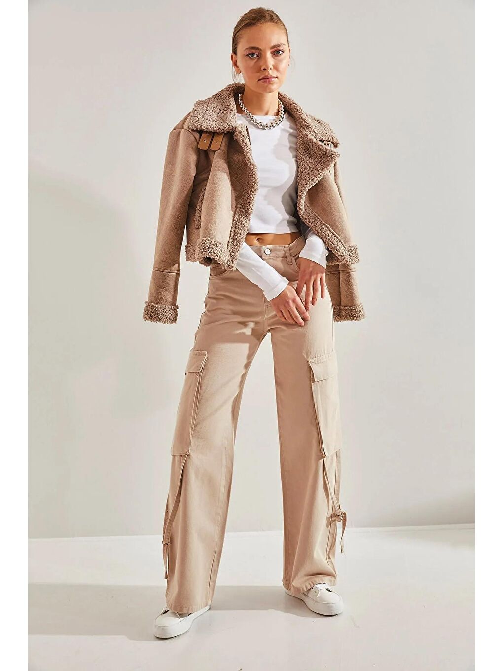 Bej Kadın Kargo Cepli İpli Pantolon-4