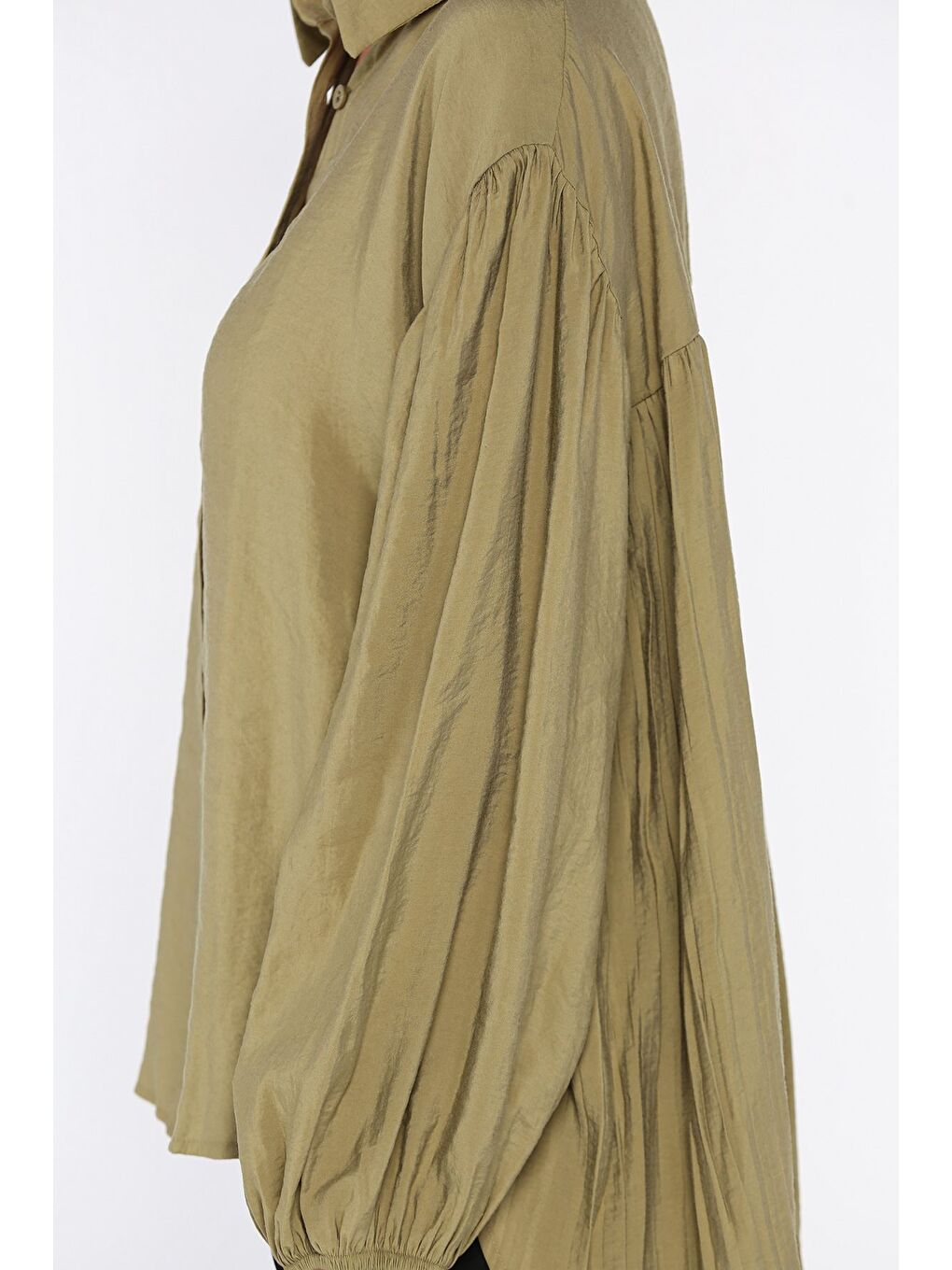 Haki Pile Detaylı Kadın Salaş Gömlek-3