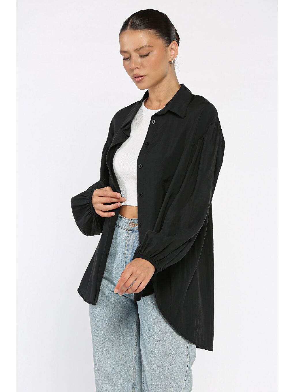 Siyah Pile Detaylı Kadın Salaş Gömlek-1