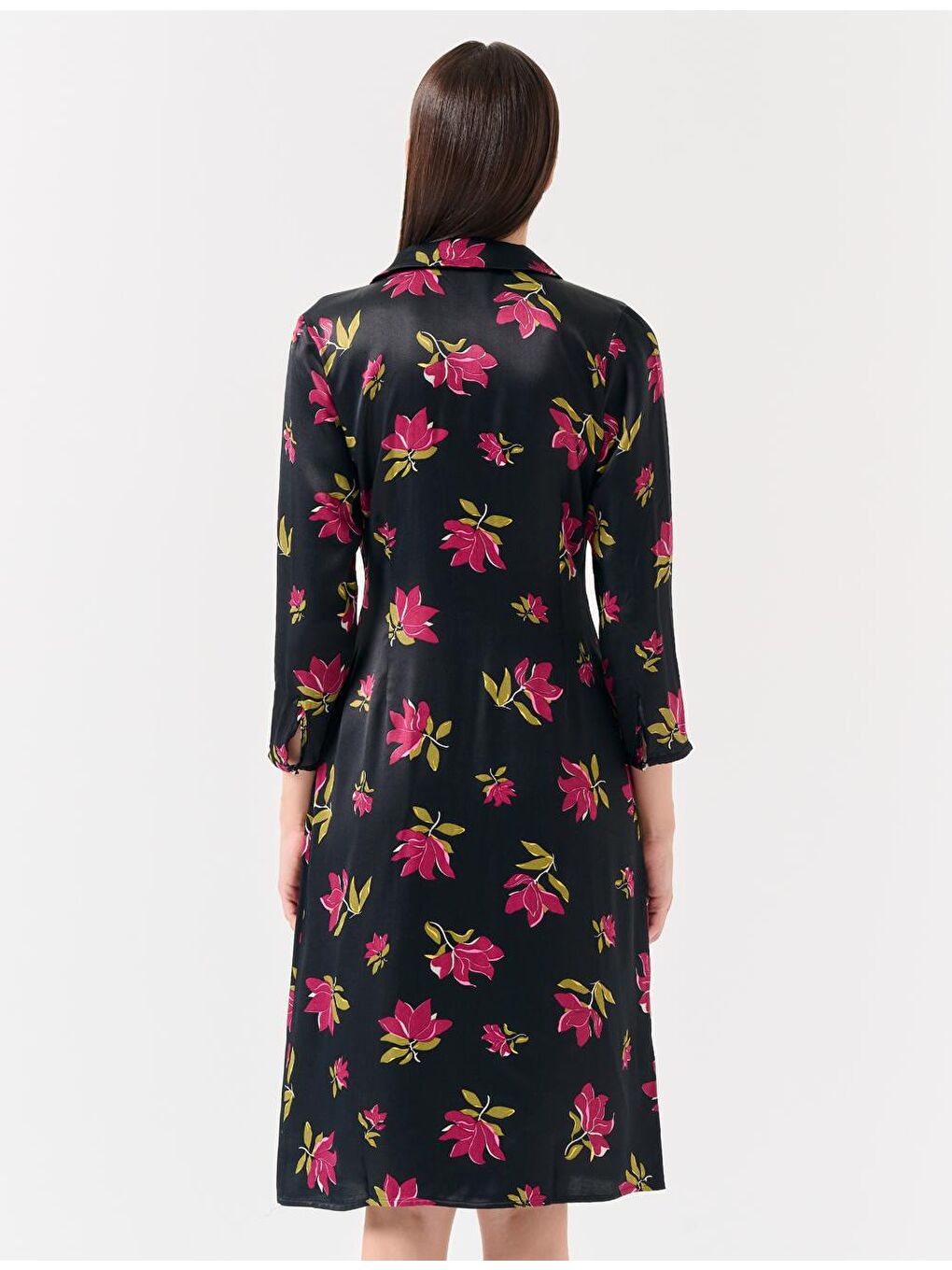 Siyah Dar Kesim Dik Yaka Uzun Kollu Desenli Saten Elbise-3