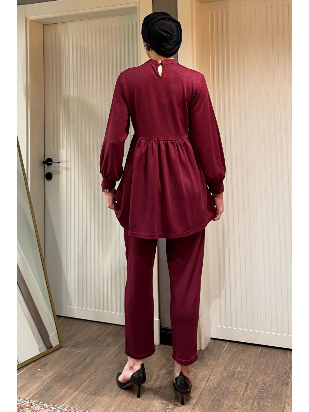 Bordo Kadın Taşlı Düğmeli Fırfırlı Tunik Pantolon Tesettür İkili Takım-4