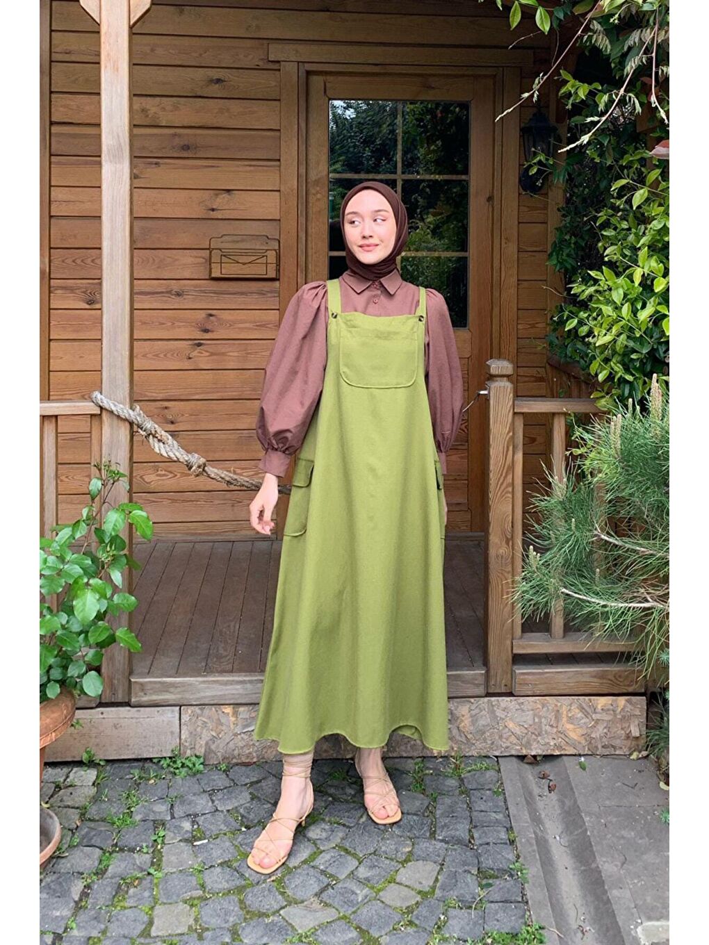 Yağ Yeşili Keten Etekli Salopet