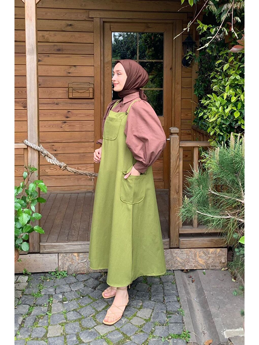 Yağ Yeşili Keten Etekli Salopet-1
