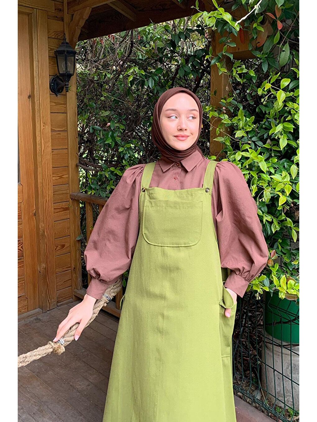 Yağ Yeşili Keten Etekli Salopet-2