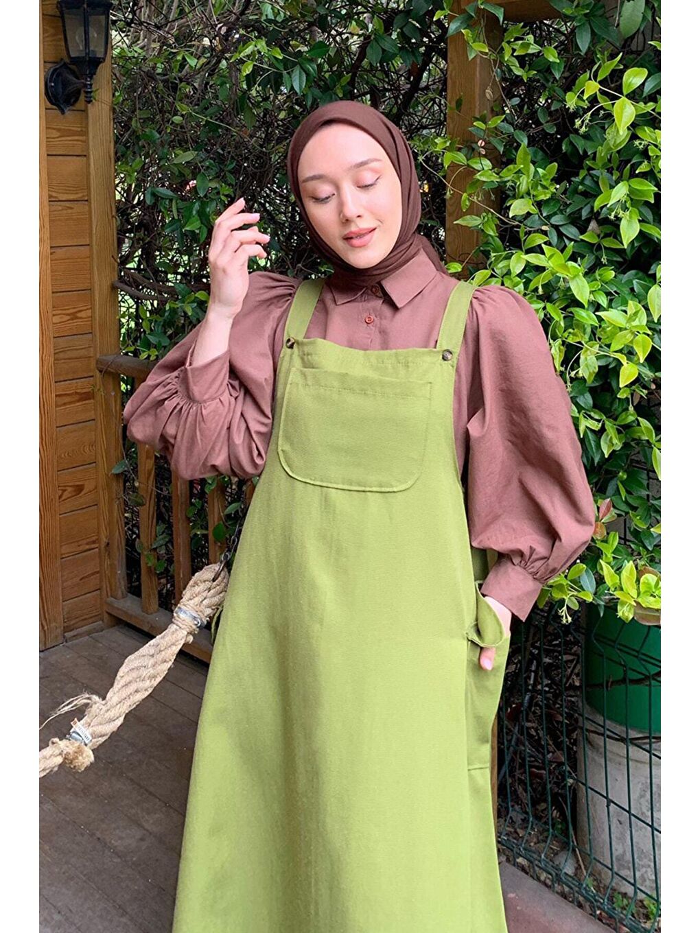 Yağ Yeşili Keten Etekli Salopet-3