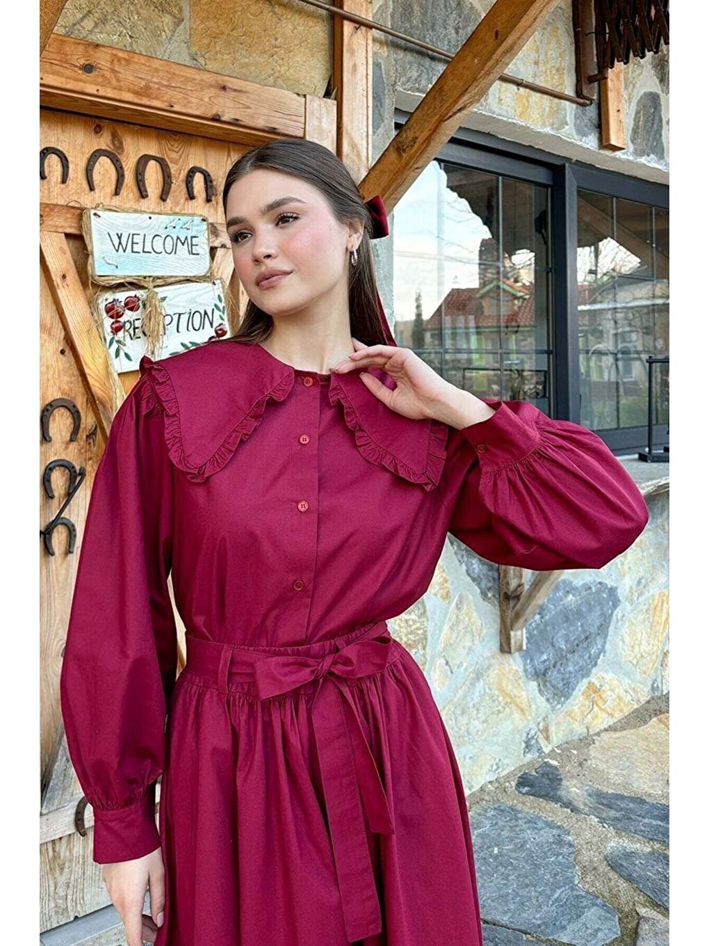 Bordo Yakası Fırfırlı Crop Gömlek-3