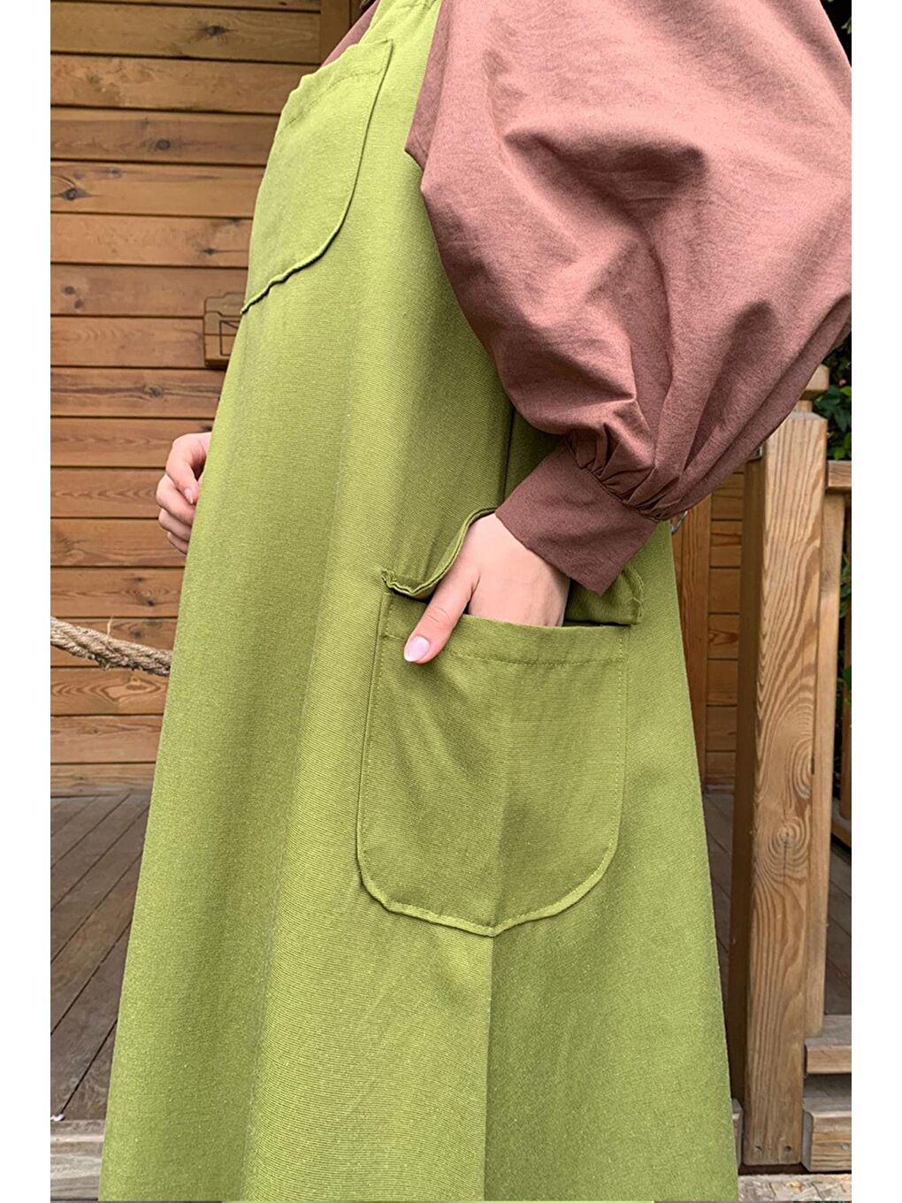 Yağ Yeşili Keten Etekli Salopet-4