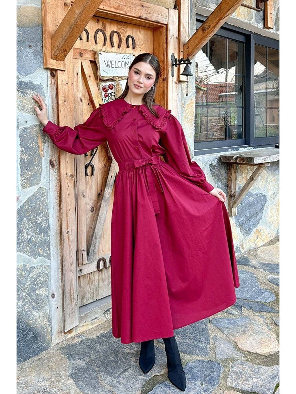 Bordo Yakası Fırfırlı Crop Gömlek-4