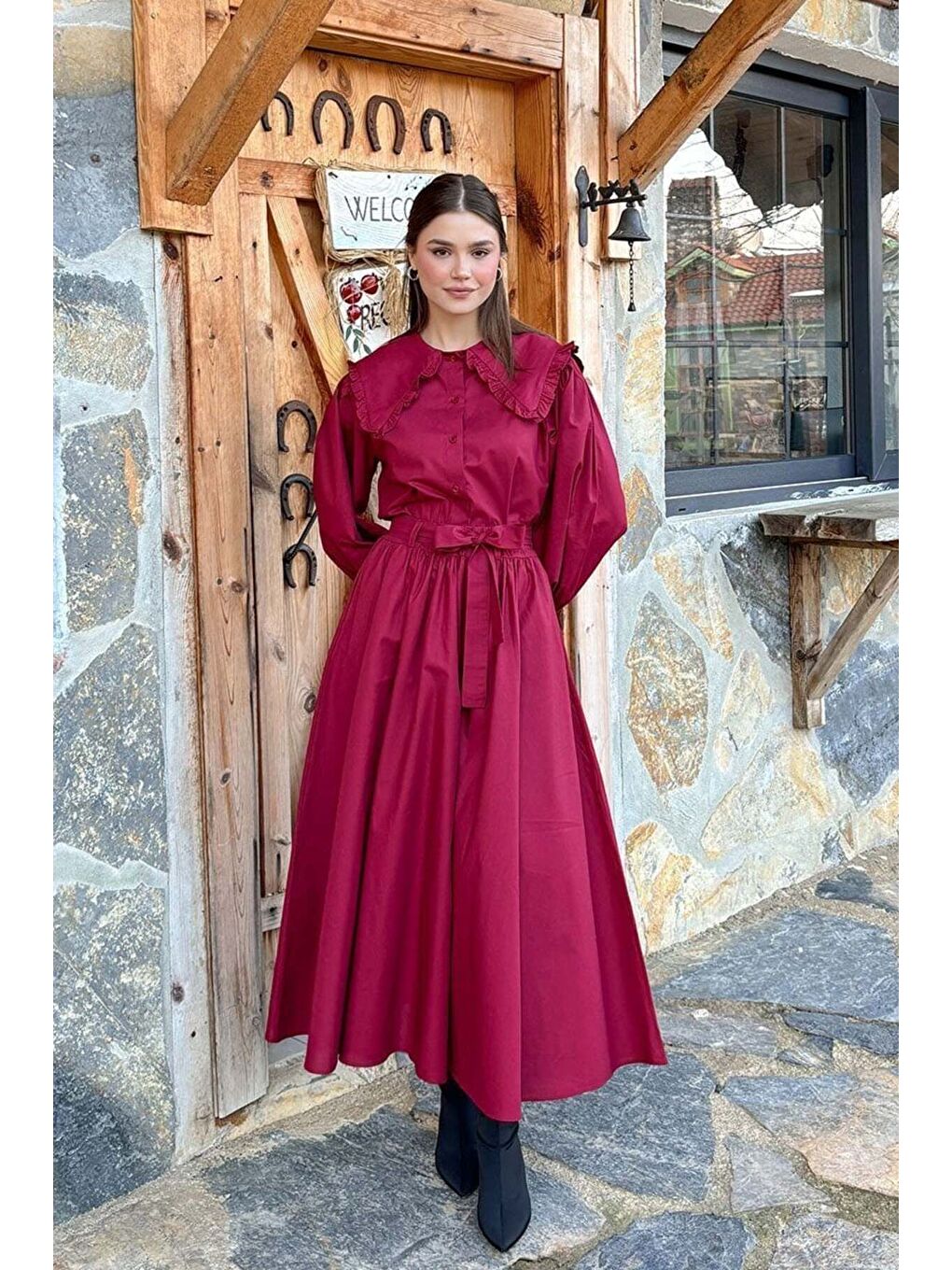 Bordo Yakası Fırfırlı Crop Gömlek-5