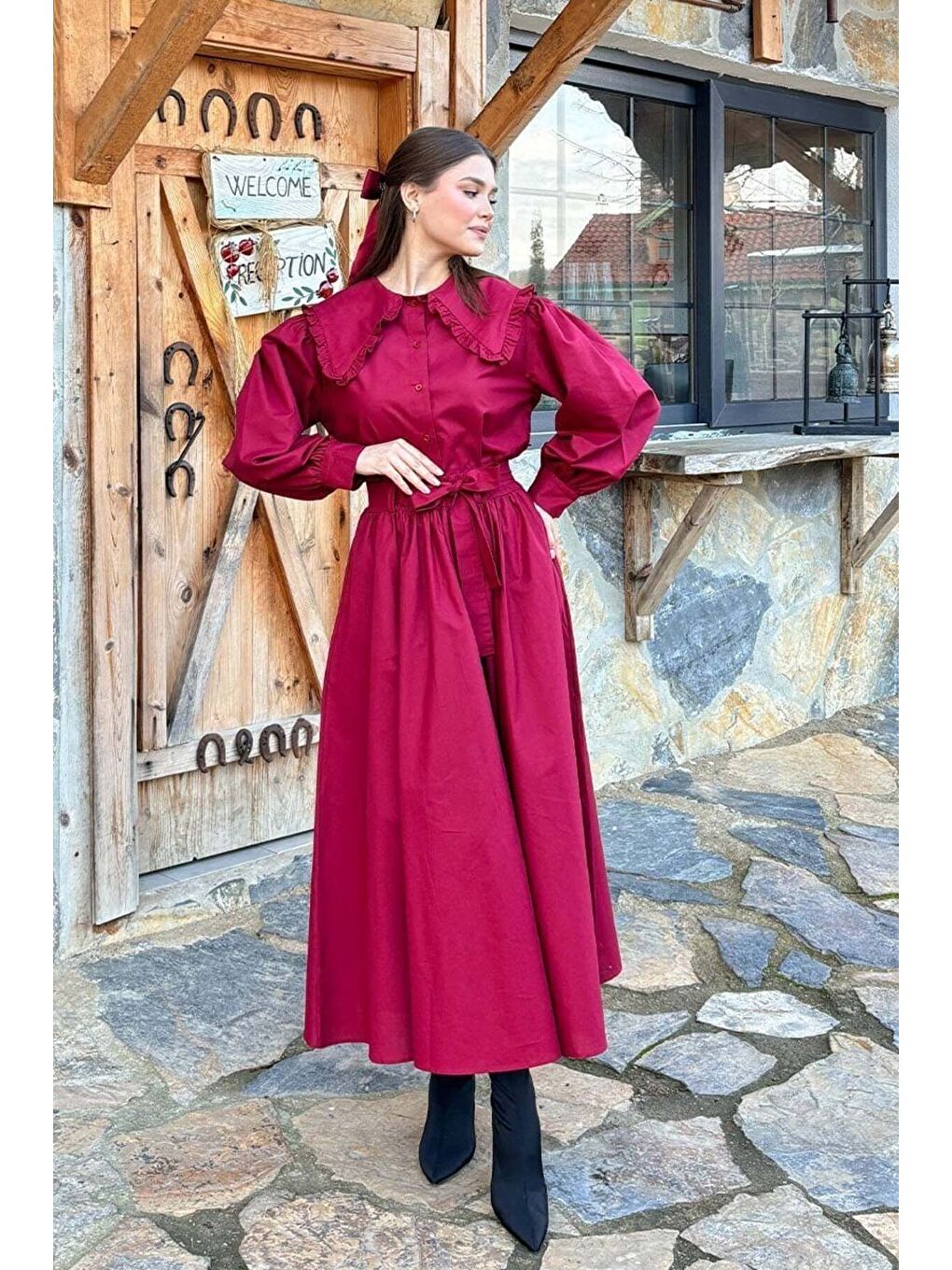 Bordo Yakası Fırfırlı Crop Gömlek-6