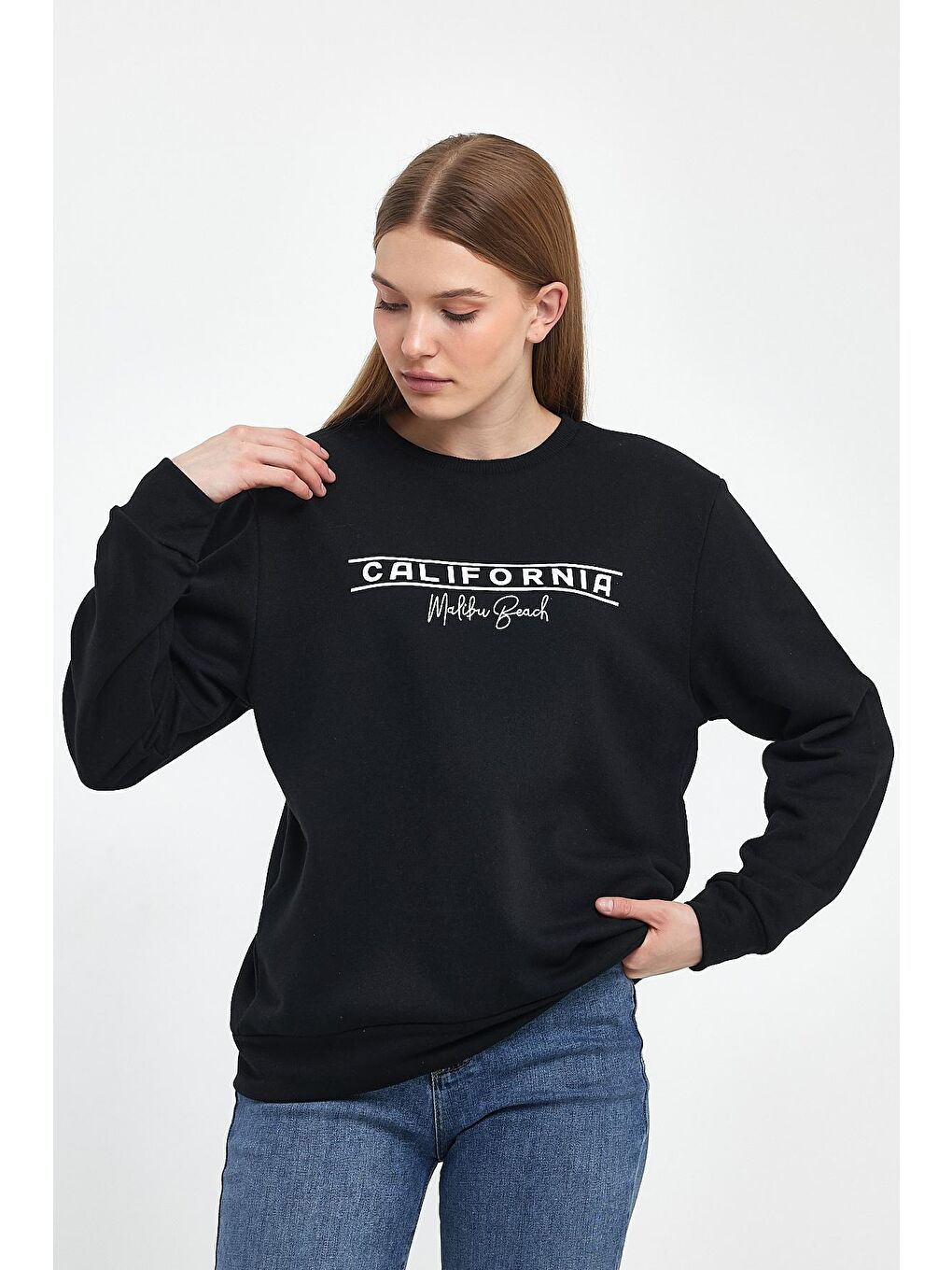 Süperlife Siyah Kadın Bisiklet Yaka Rahat Kalıp 3 iplik Kalın Californıa Baskılı Sweatshirt SPR24SWK32 - 3