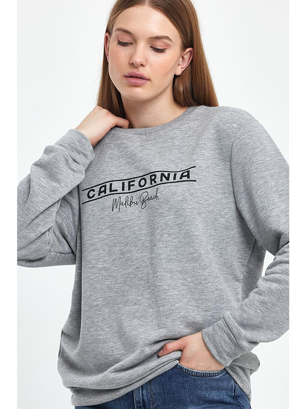 Süperlife Gri Kadın Bisiklet Yaka Rahat Kalıp 3 iplik Kalın Californıa Baskılı Sweatshirt SPR24SWK32 - 3