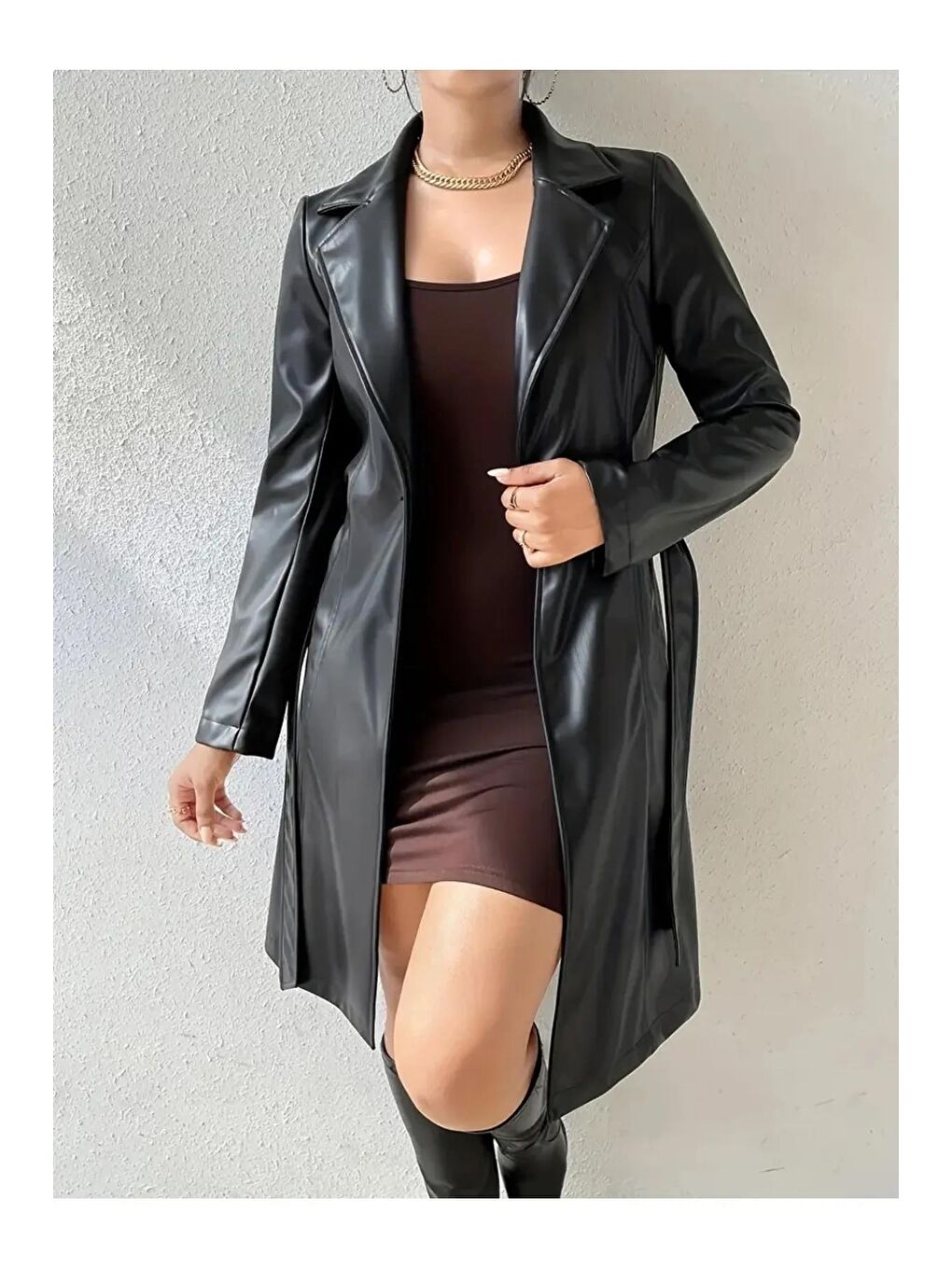 Kadın Siyah Kuşaklı Uzun Deri Pardesü-2