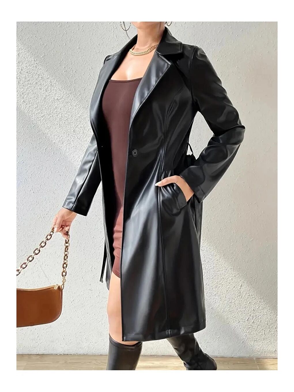 Kadın Siyah Kuşaklı Uzun Deri Pardesü-3