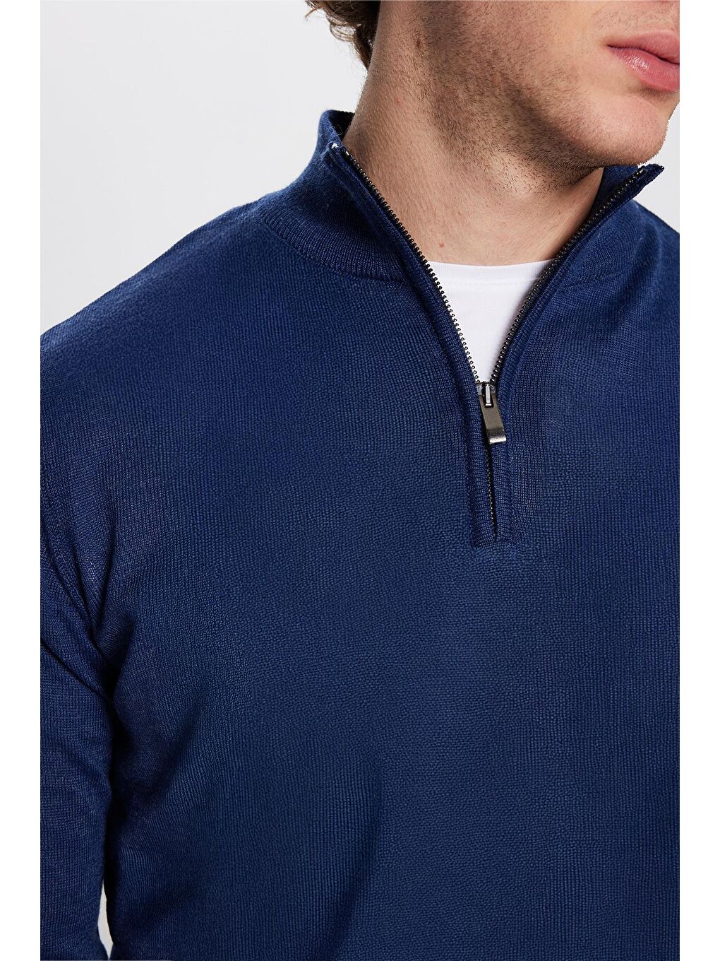 Erkek Klasik Fit Normal Kesim Yünlü Fermuarlı Saks Mavi Dik Yaka Triko Kazak-2