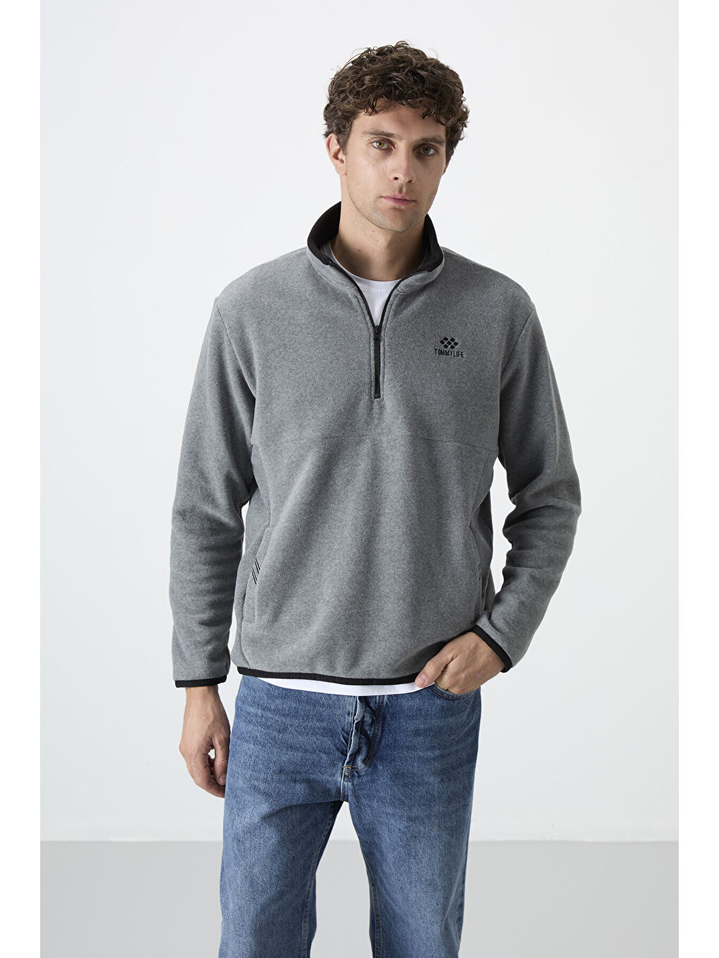 Gri Melanj Yarım Fermuarlı Sweatshirt Slim Fit Dik Yaka Erkek Polar - 87891