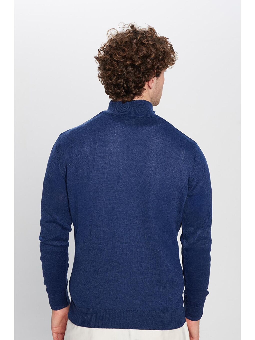 Erkek Klasik Fit Normal Kesim Yünlü Fermuarlı Saks Mavi Dik Yaka Triko Kazak-4