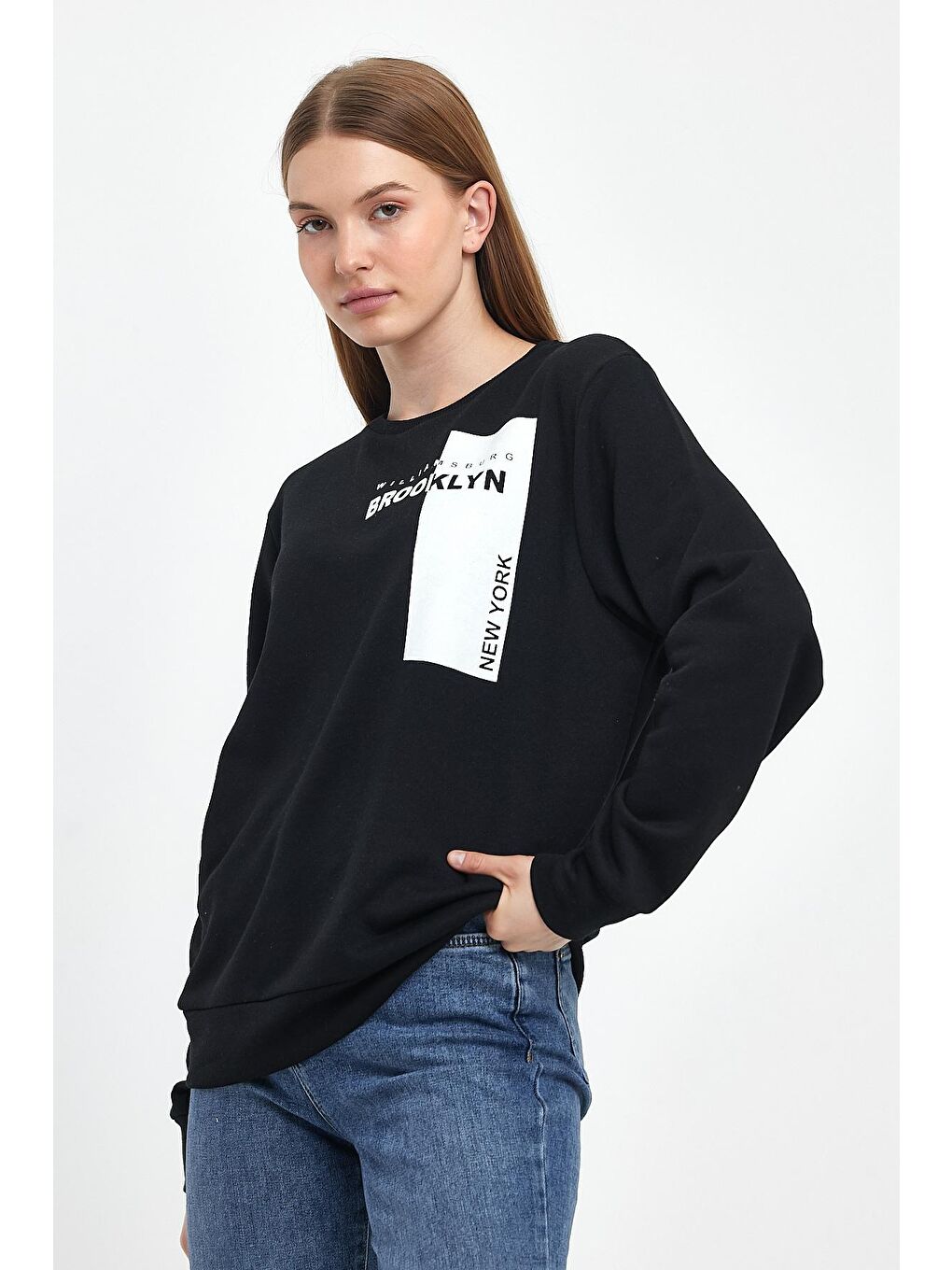 Süperlife Siyah Kadın Bisiklet Yaka Rahat Kalıp 3 iplik Kalın W.Brooklyn Baskılı Sweatshirt SPR24SWK31 - 1