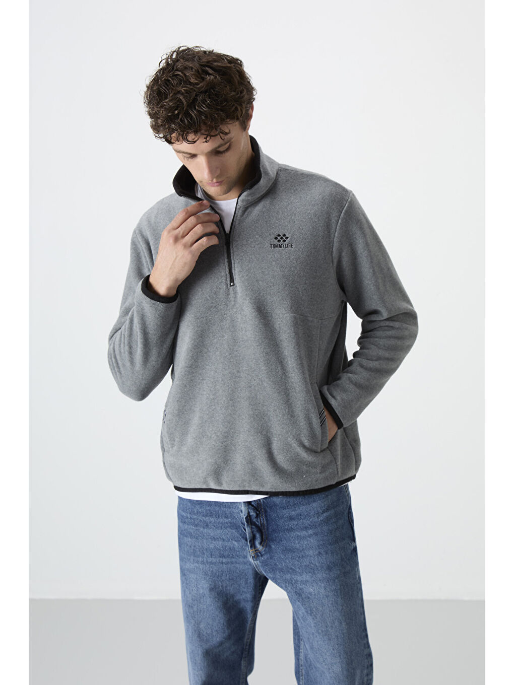 Gri Melanj Yarım Fermuarlı Sweatshirt Slim Fit Dik Yaka Erkek Polar - 87891-2