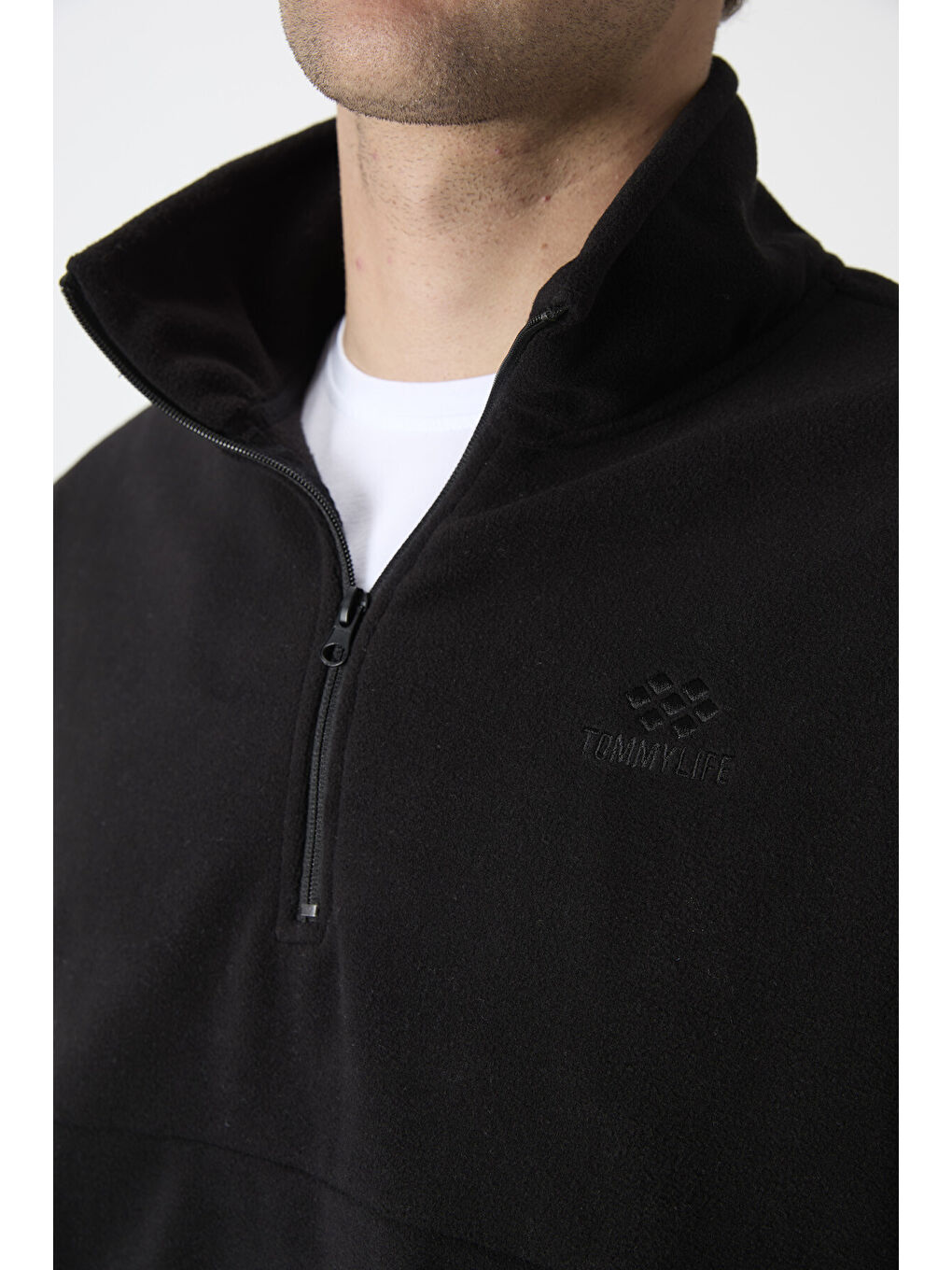 Siyah Yarım Fermuarlı Sweatshirt Slim Fit Dik Yaka Erkek Polar - 87891-2