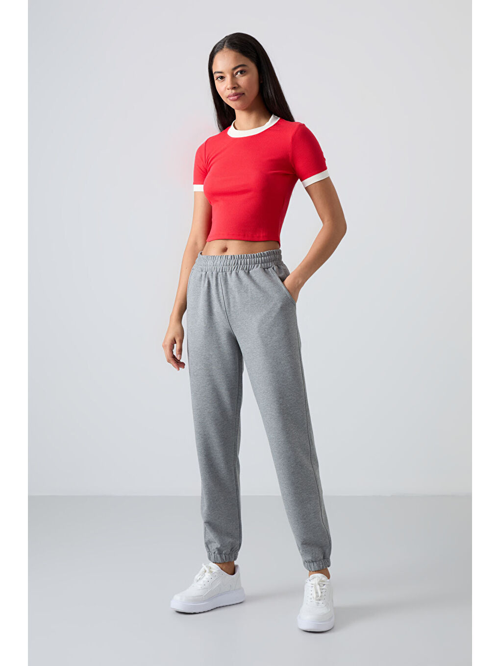 Gri Melanj Cepli Yüksek Bel Rahat Form Lastik Paça Kadın Eşofman Alt - 94583-1