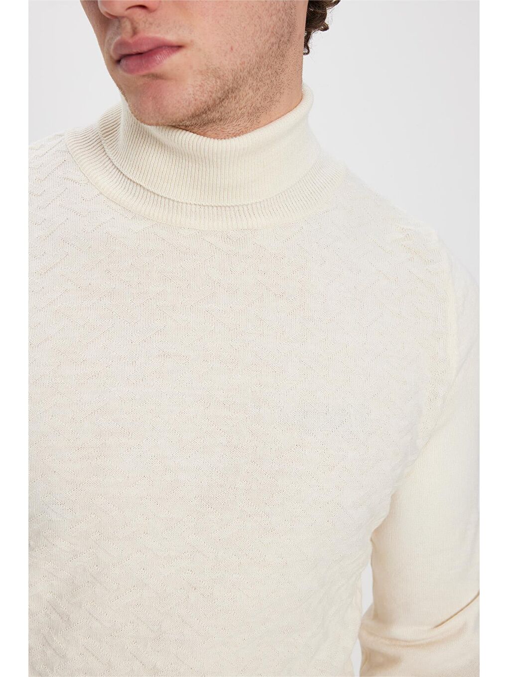 Tam Balıkçı Yaka Önü Desenli Ekru Erkek Triko Kazak-2