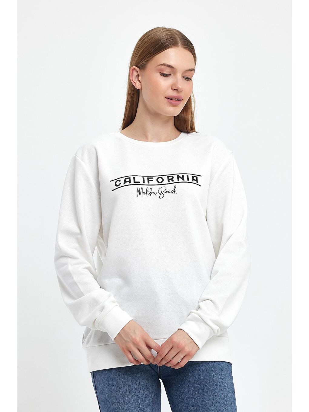 Süperlife Ekru Kadın Bisiklet Yaka Rahat Kalıp 3 iplik Kalın Californıa Baskılı Sweatshirt SPR24SWK32 - 4