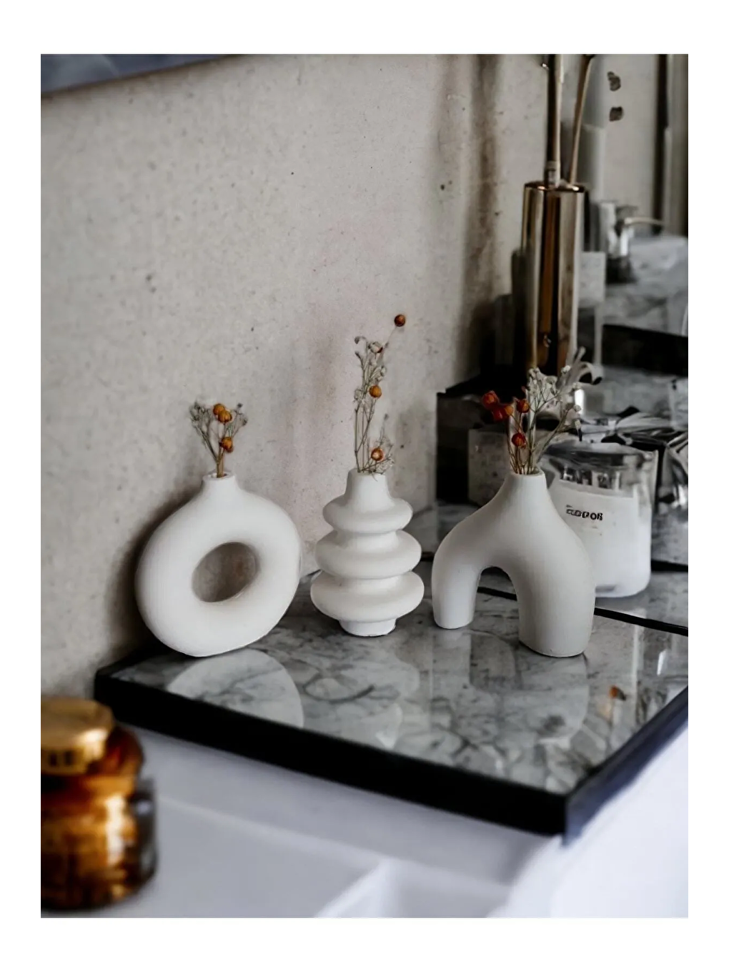 Havalı Tasarım Beyaz Dekoratif Minimal Vazo Set 3 Lü
