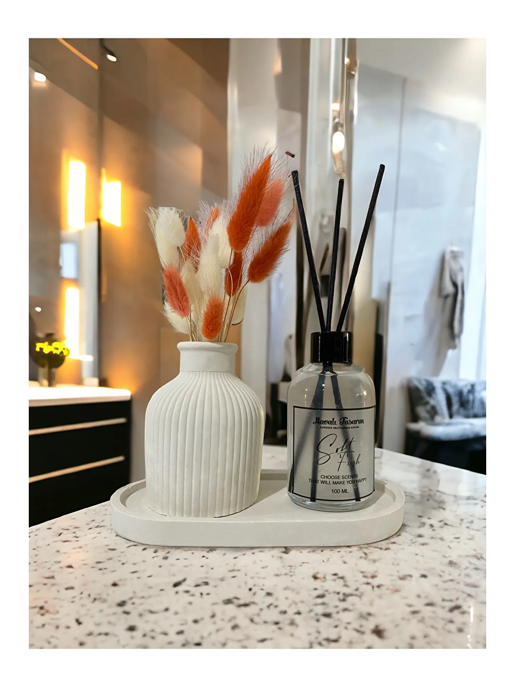 Beyaz Dekoratif Standlı Çizgili Vazolu Soft Fresh Fiber Çubuklu Oda Kokulu Set 100 ml