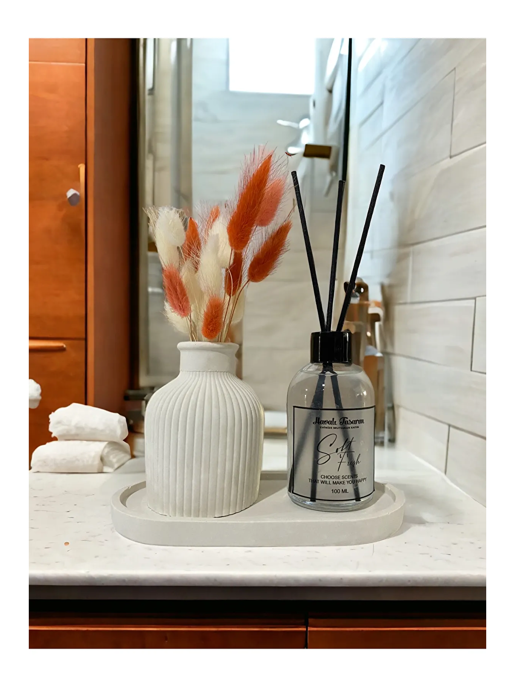 Beyaz Dekoratif Standlı Çizgili Vazolu Soft Fresh Fiber Çubuklu Oda Kokulu Set 100 ml-1