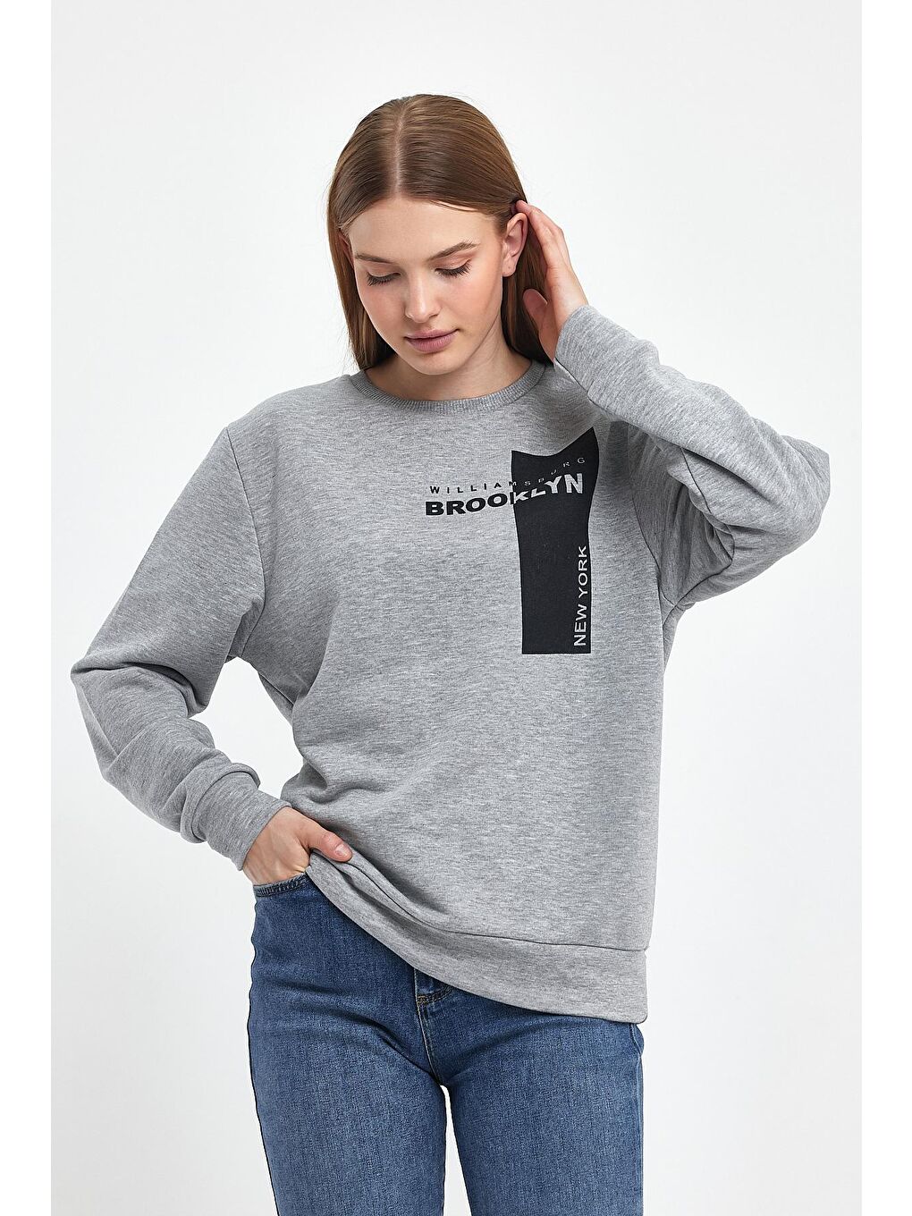 Süperlife Açık Gri Kadın Bisiklet Yaka Rahat Kalıp 3 iplik Kalın W.Brooklyn Baskılı Sweatshirt SPR24SWK31 - 4