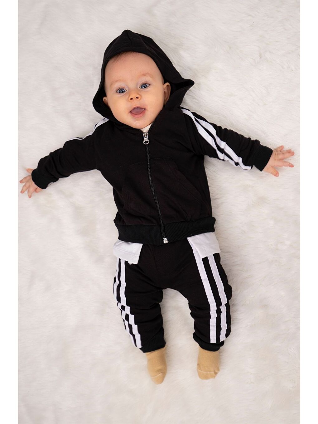 Siyah Yandan Çizgili Cepli Fermuarlı Sports 2 li Bebek Takım