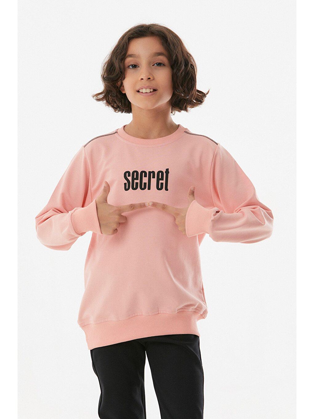 Pembe Baskılı Bisiklet Yaka Kız Çocuk Sweatshirt