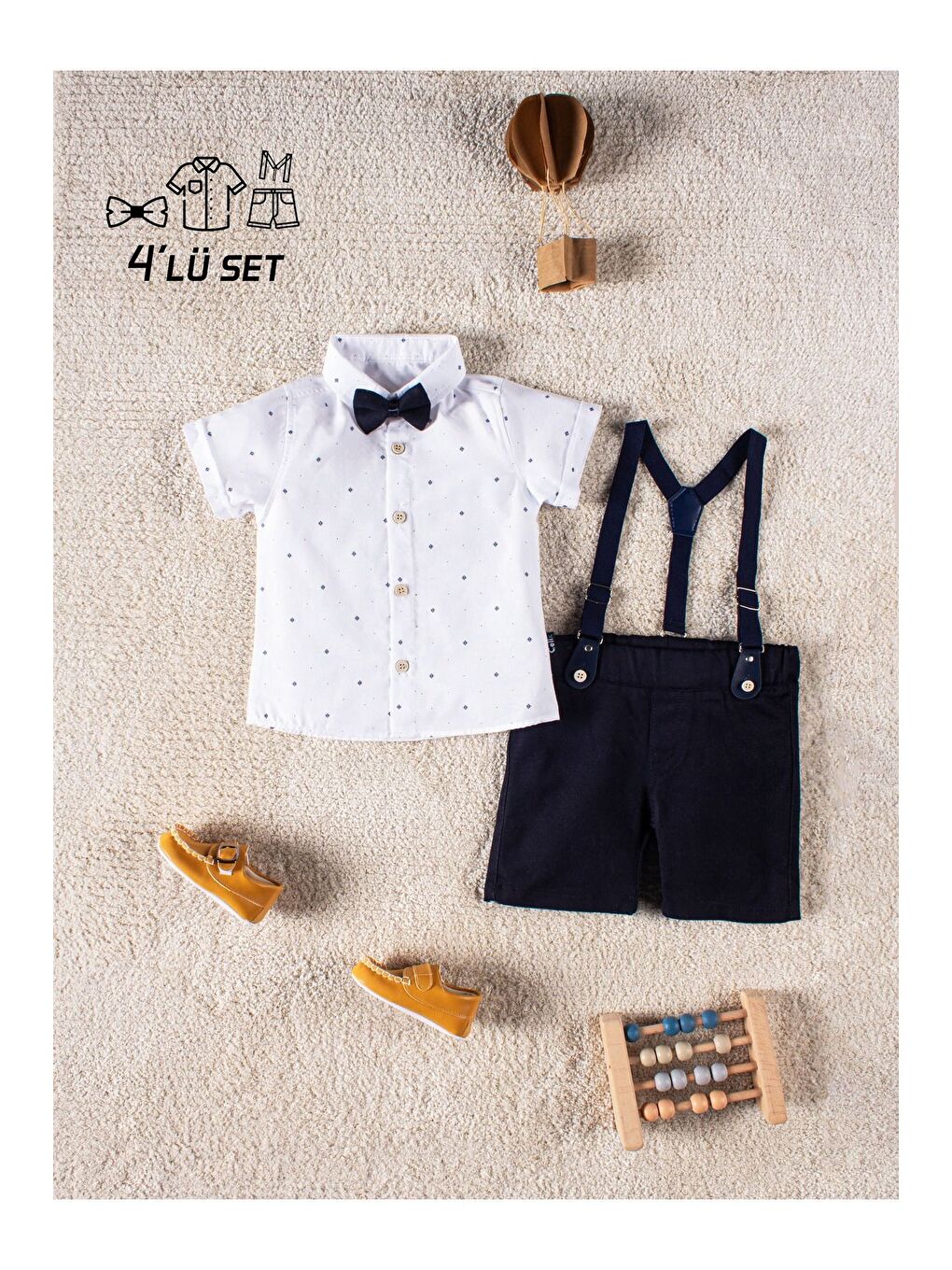 Lacivert 4 Parça Papyonlu Yazlık Erkek Çocuk Gömlekli Slopetli Özel Gün Takım