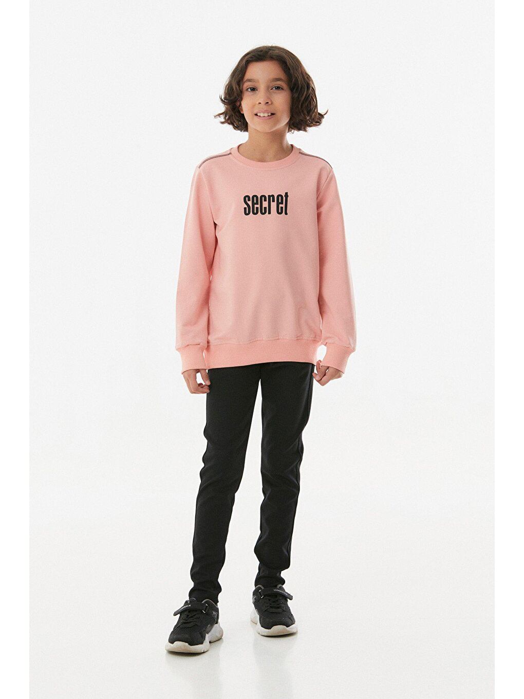 Pembe Baskılı Bisiklet Yaka Kız Çocuk Sweatshirt-1