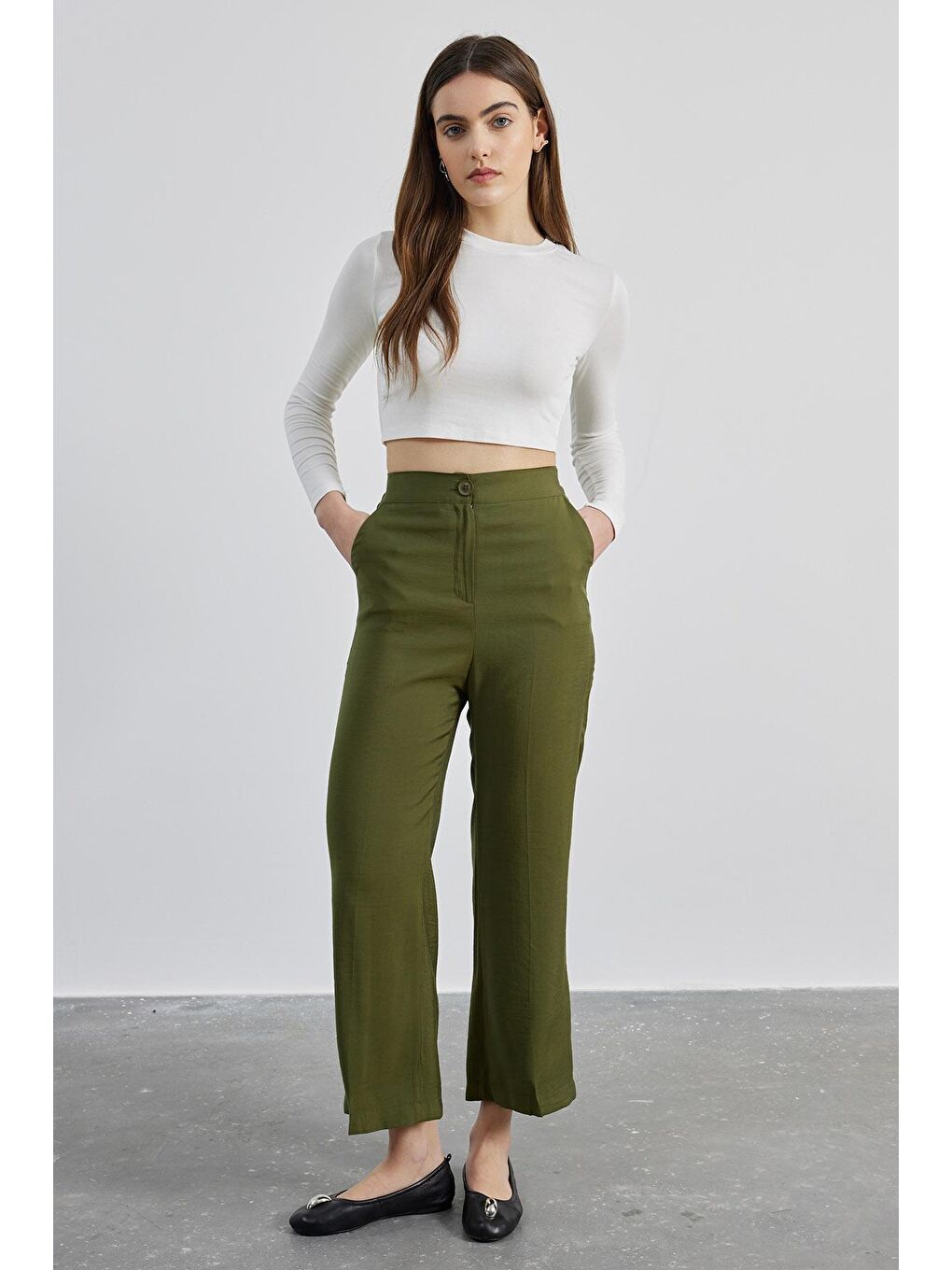 Ütü İzli Pamuk Viskon Pantolon - Haki