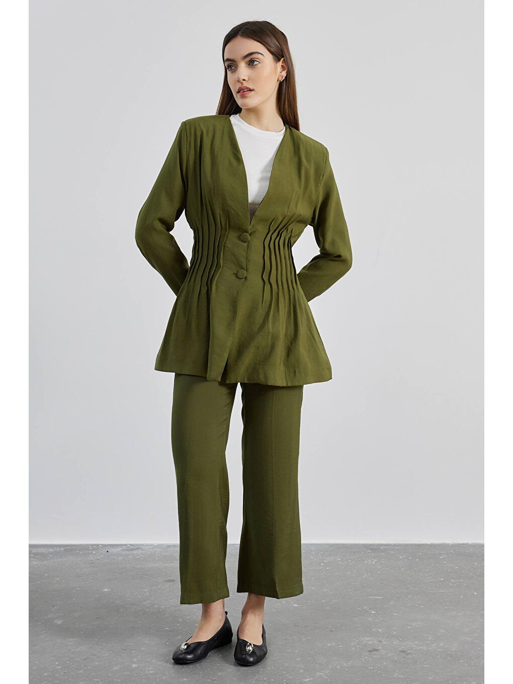 Ütü İzli Pamuk Viskon Pantolon - Haki-1