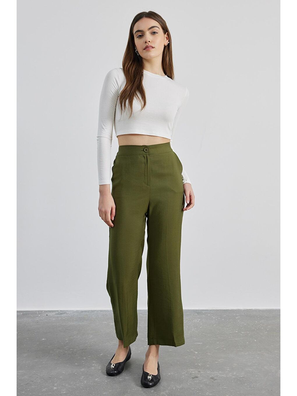 Ütü İzli Pamuk Viskon Pantolon - Haki-2