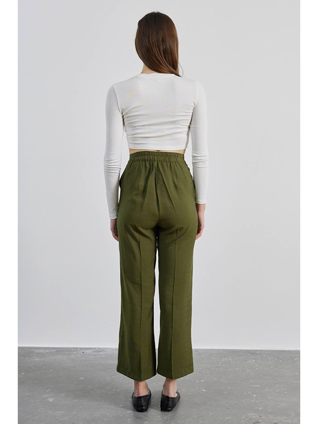 Ütü İzli Pamuk Viskon Pantolon - Haki-3